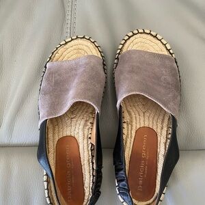 Patricia Green Gray Suede Espadrille Slides with Black leather Back
